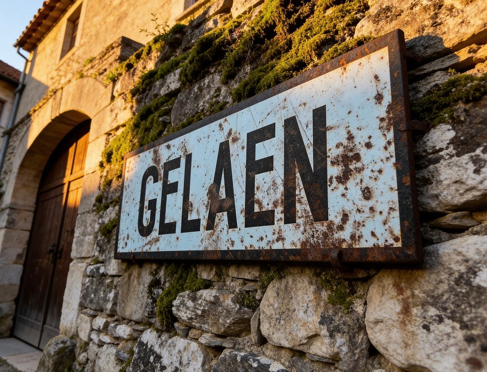 Vintage plaatsnaambord Gelaen - 60cm - wit/zwart