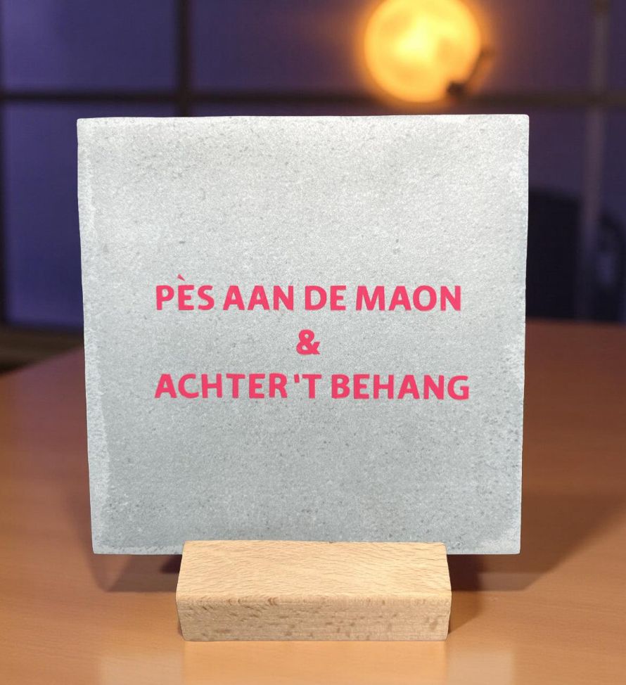 Tegeltje: Pès aan de maon & achter 't behang 10x10cm l.bl/roze