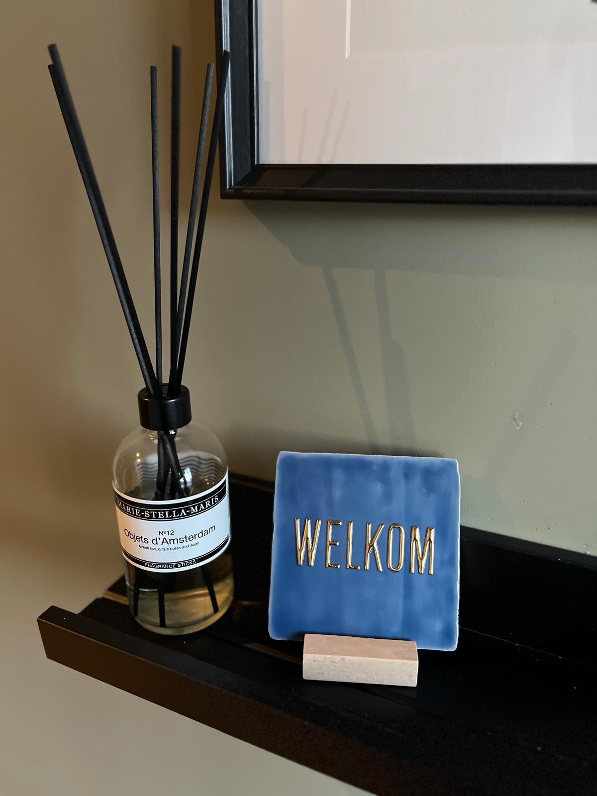 Tegeltje: Welkom 10x10cm blauw/goud