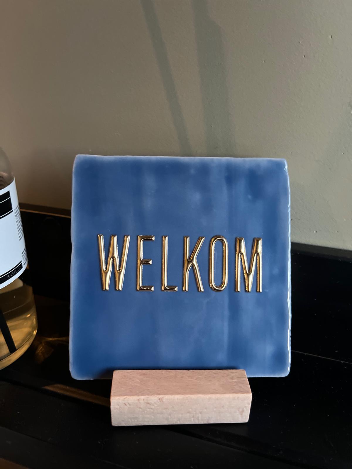 Tegeltje: Welkom 10x10cm blauw/goud